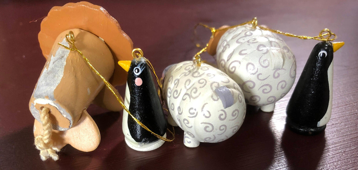 Wooden Animal Ornaments a Lion, Two (2) Sheep, and Two (2) Penguins, Vintage Set of Five (5) Ornaments