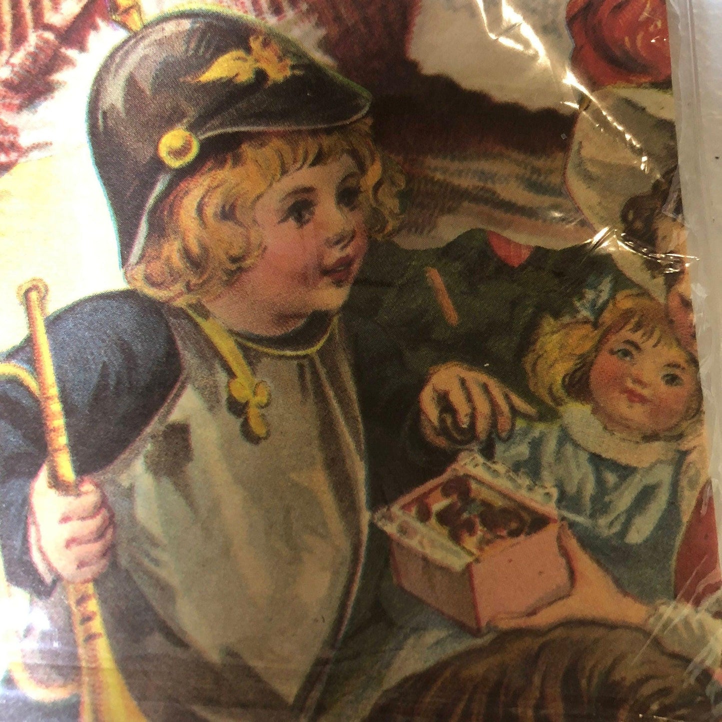 Evergreen, Boy on Rocking Horse, Santa in Fireplace, and Reindeer with Sleigh, Vintage Wrapping Paper,