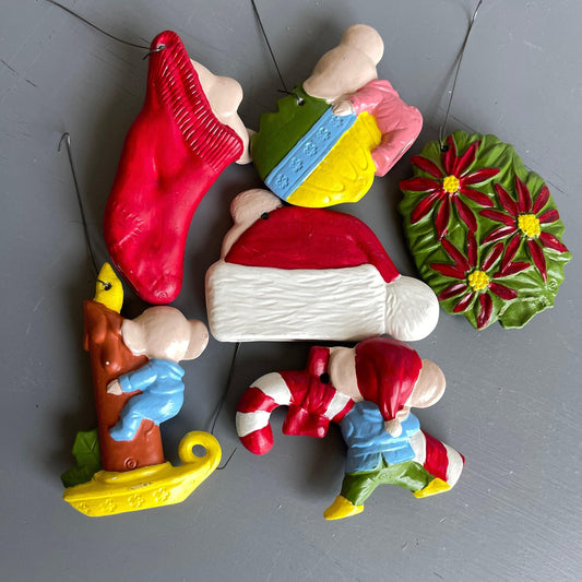 Very Cute Set Of 6 Mice Vintage Molded Plastic Christmas Tree Ornaments