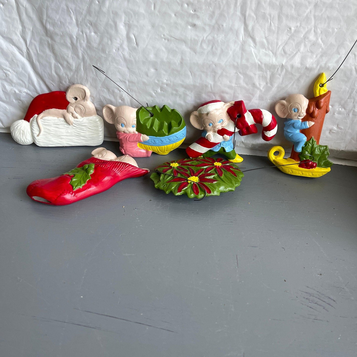 Very Cute Set Of 6 Mice Vintage Molded Plastic Christmas Tree Ornaments