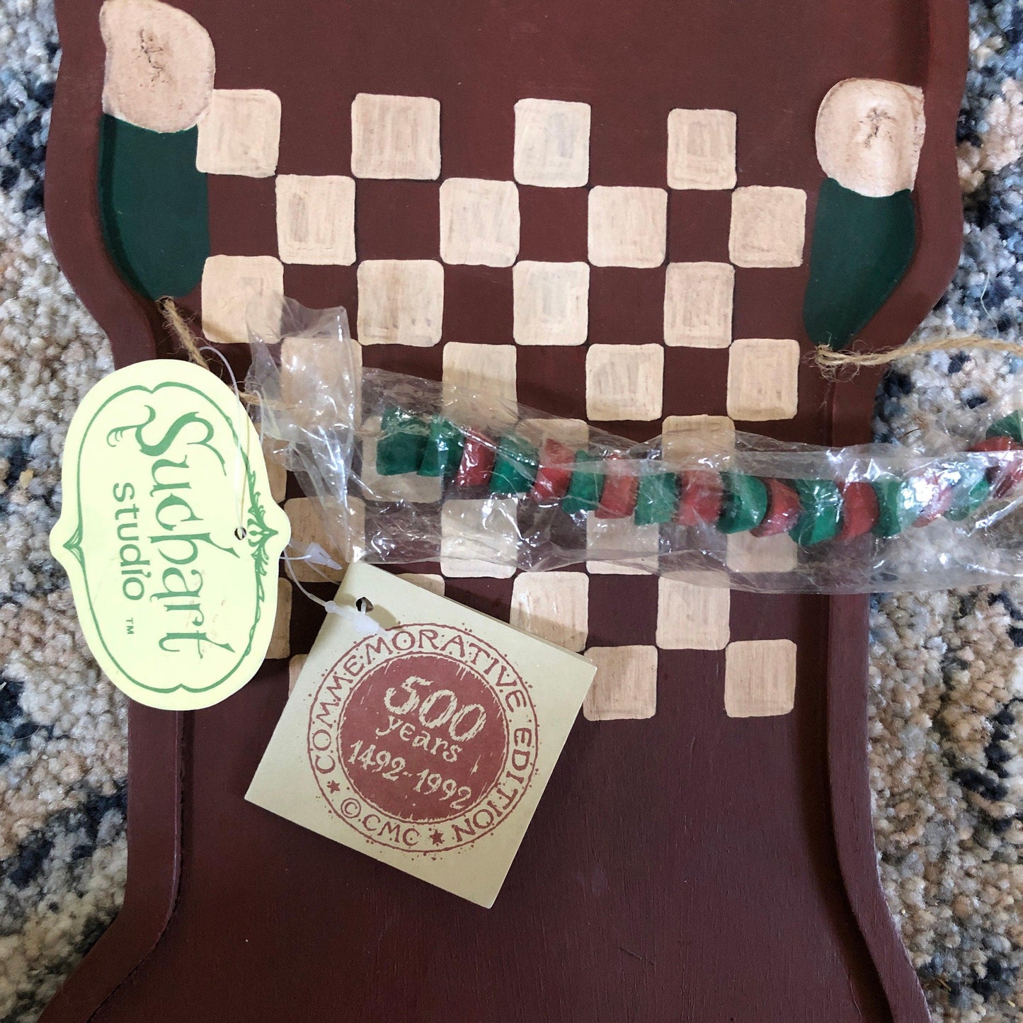Suchart Studio, Wooden Santa Checkerboard , Vintage 1992, Collectible Decoration