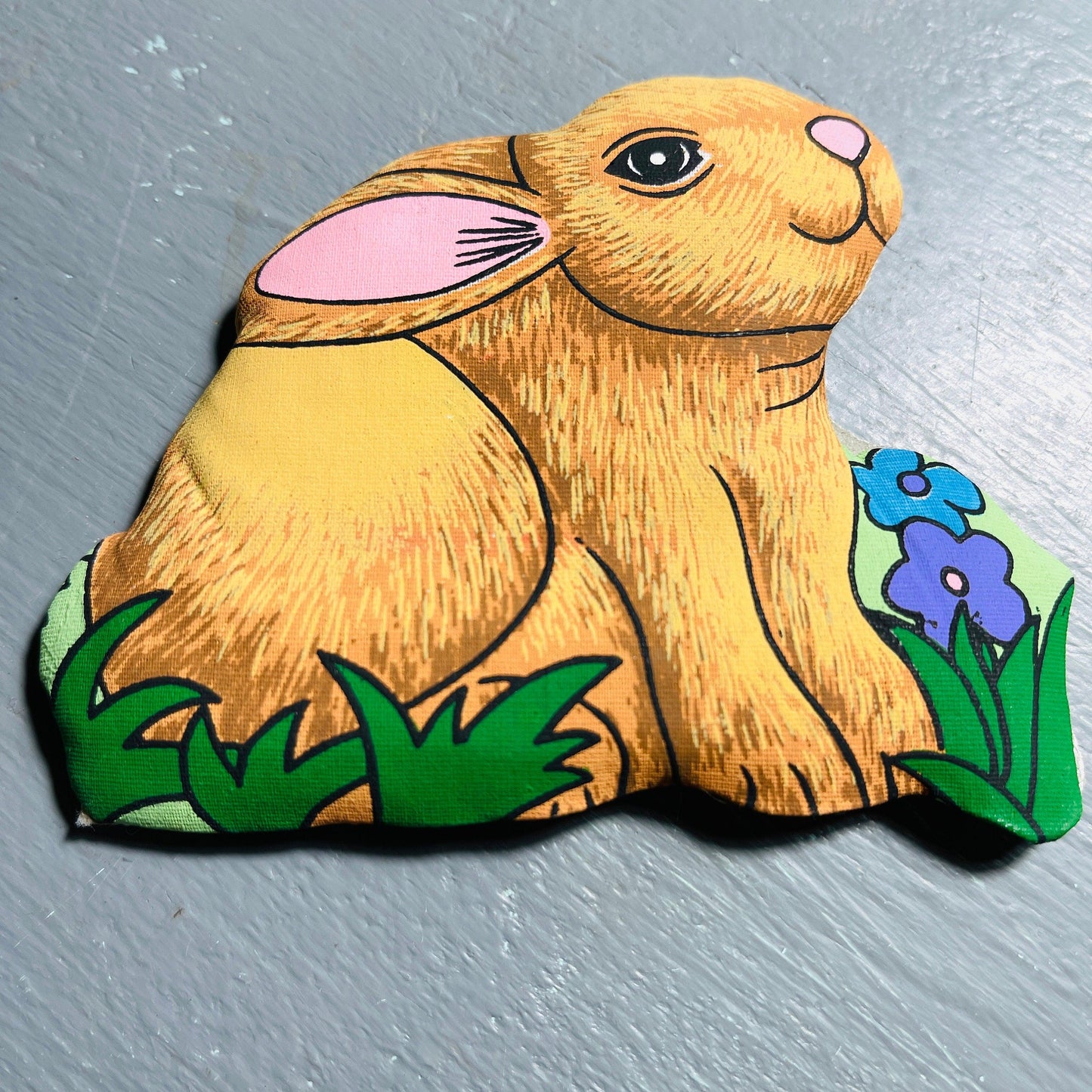 Handpainted, Muslin, Bunny Rabbit, in Flowers, Vintage Collectible