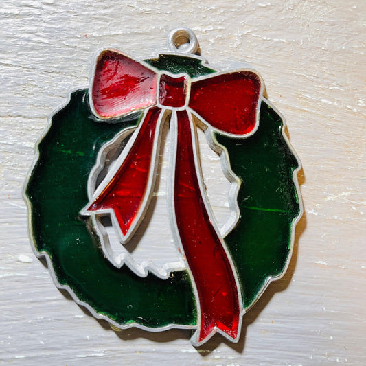 Stained Glass Look, Christmas Wreath with Bow, Metal/Acrylic, Ornament