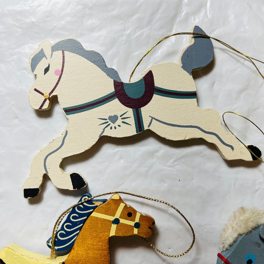 Rocking Horse, Set of 4, Wood, Metal and Fabric, Ornaments