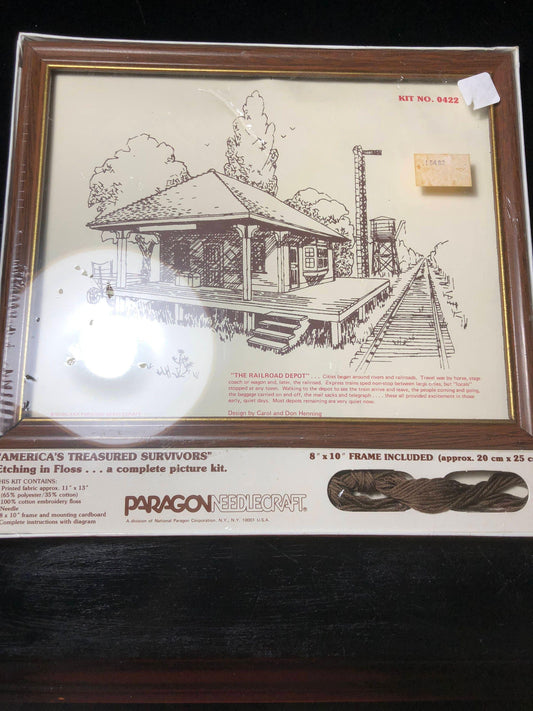 Paragon Needlecraft, The Railroad Depot, Etching in Floss Kit, includes 8 by 10 Frame and Floss, Vintage 1980, Counted Cross Stitch Kit