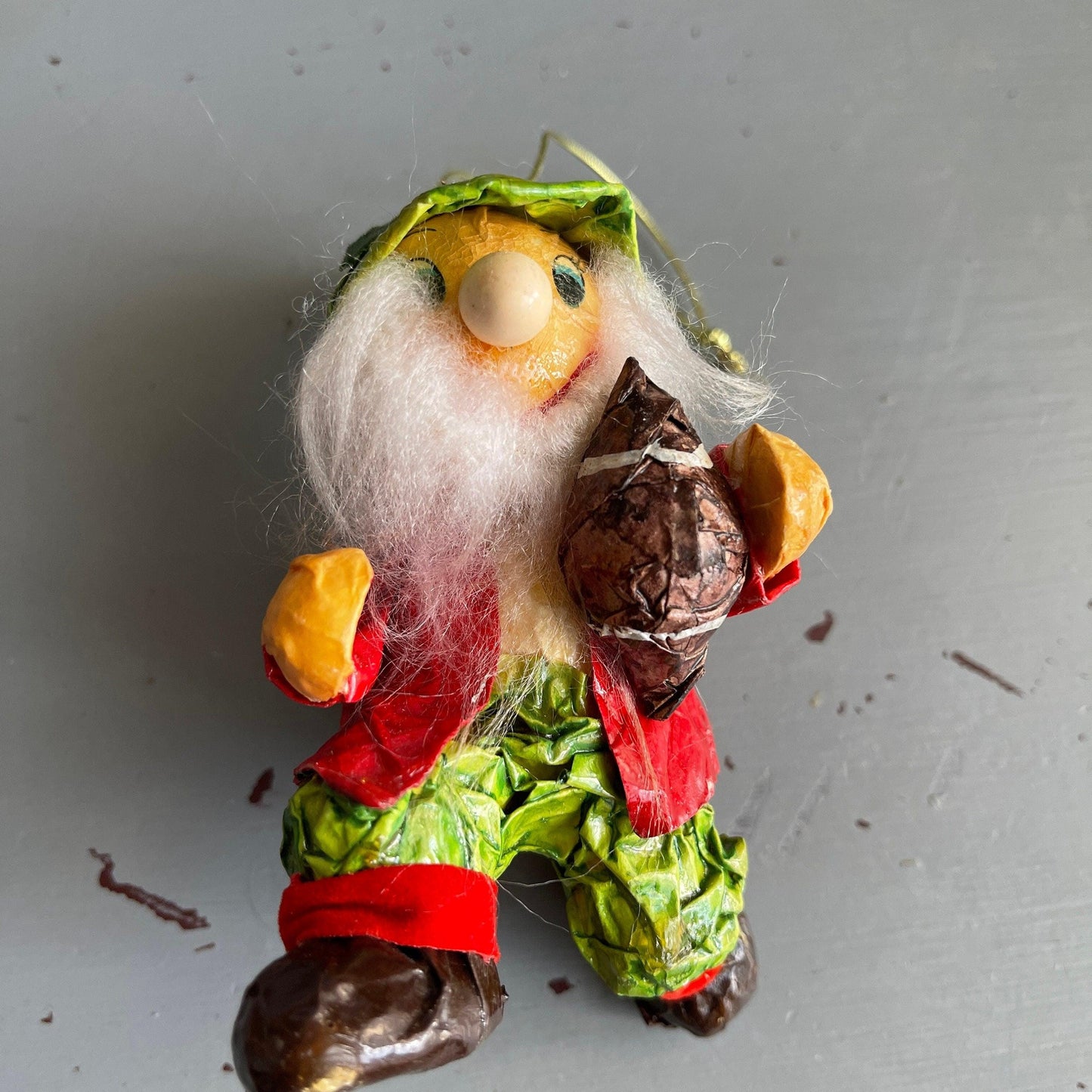 Elf running with the football paper mache' art-craft vintage Christmas ornament