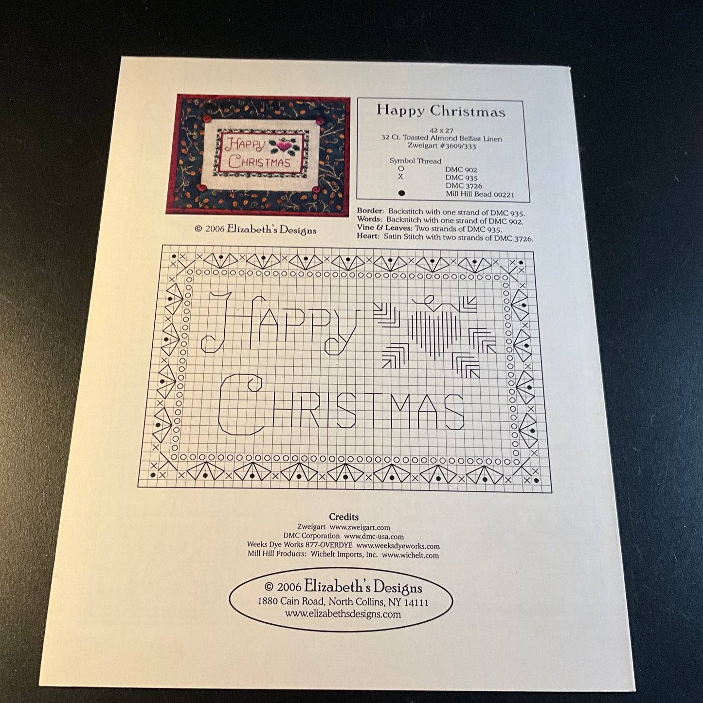 Elizabeth Needlework Designs Holly & Ivy Sampler 2006 counted cross stitch chart*