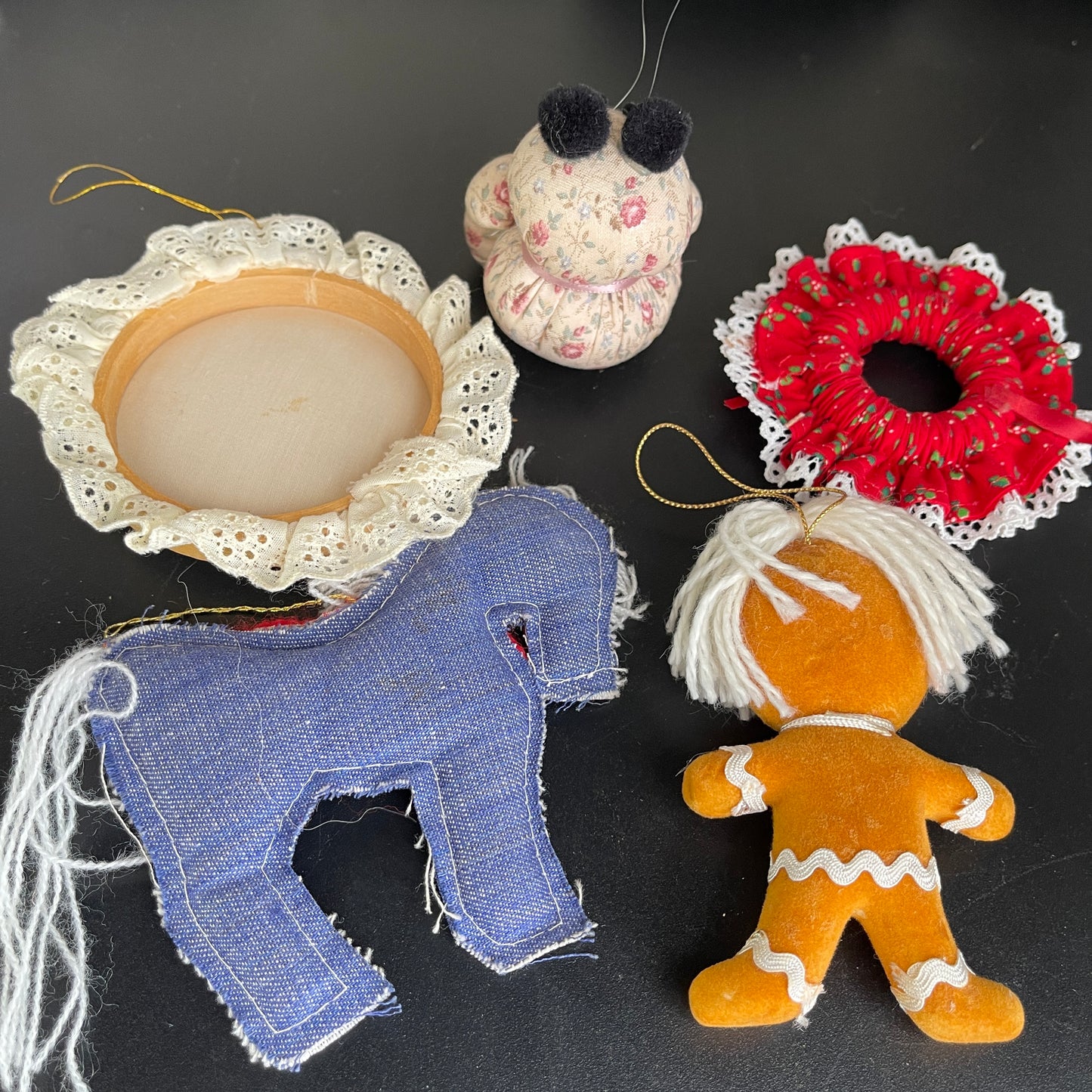 Fun crafting themed set of 5 vintage cloth ornaments mouse in hoop, gingerbread man, horse, teddy bear, and wreath