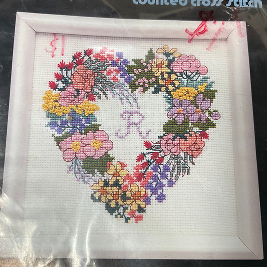 Dimensions Heart Wreath Monogram vintage 1987 counted cross stitch kit 6515