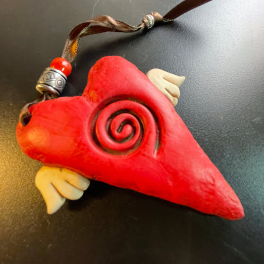 Winged Heart deep red with swirl and beaded hanger ribbon collectible ornament