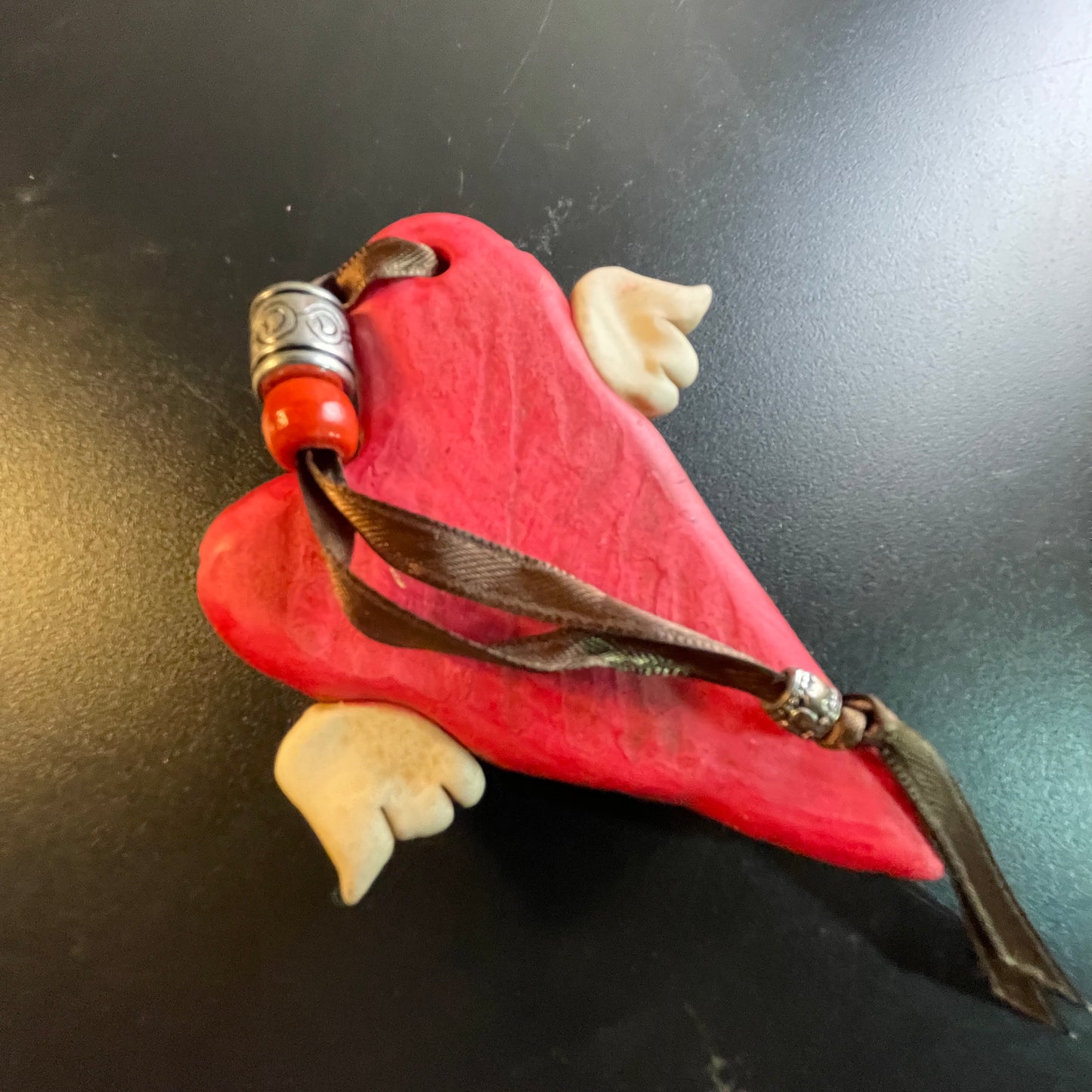 Winged Heart deep red with swirl and beaded hanger ribbon collectible ornament