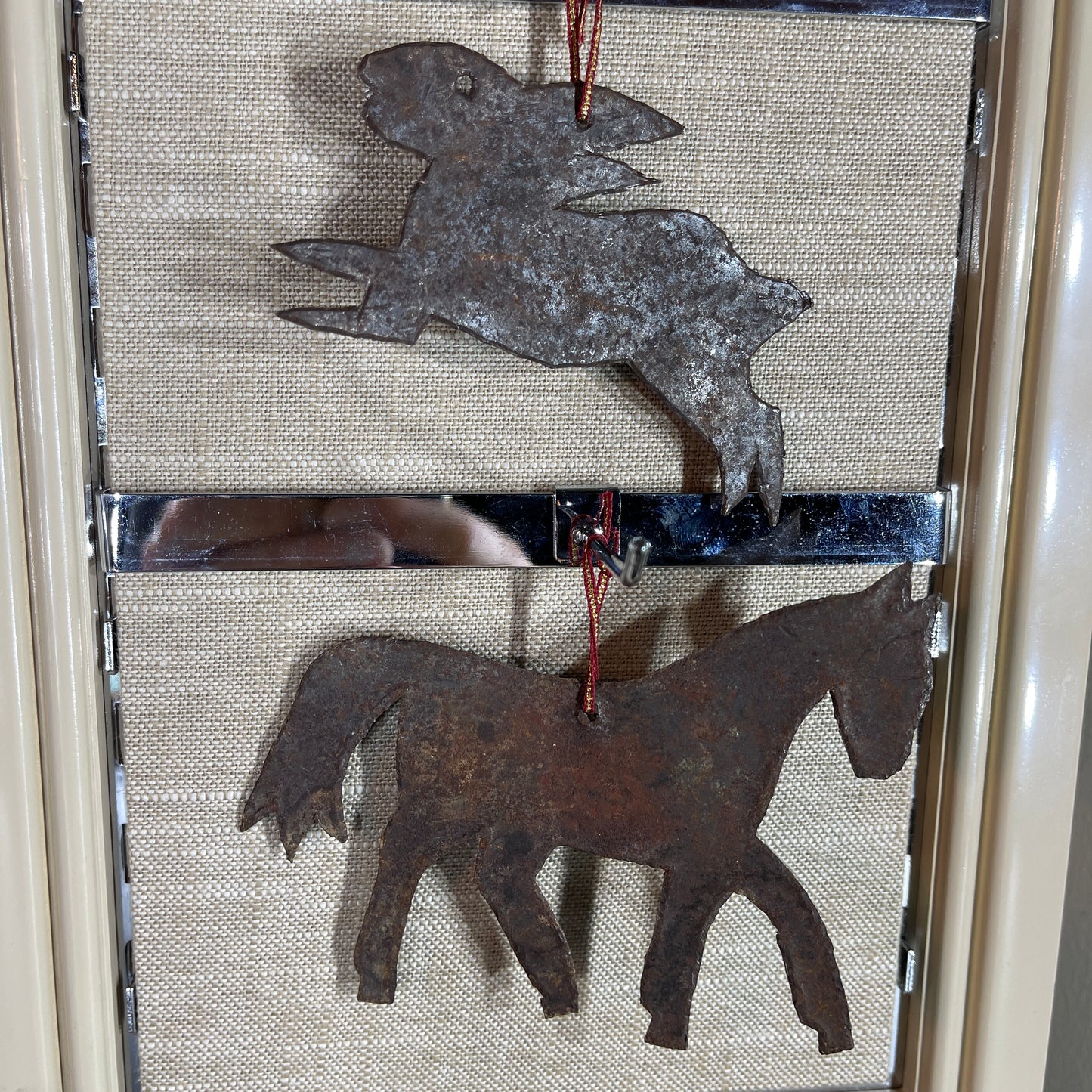 Rustic Horse and Rabbit metal cut-outs vintage Christmas ornaments