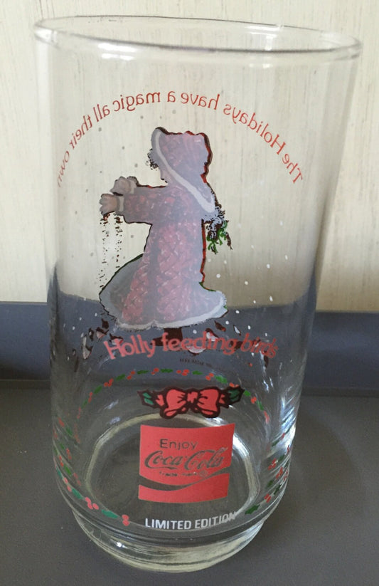 Holly Hobbie " The Holidays have a magic all their own" , Holly feeding birds Coca Cola glass