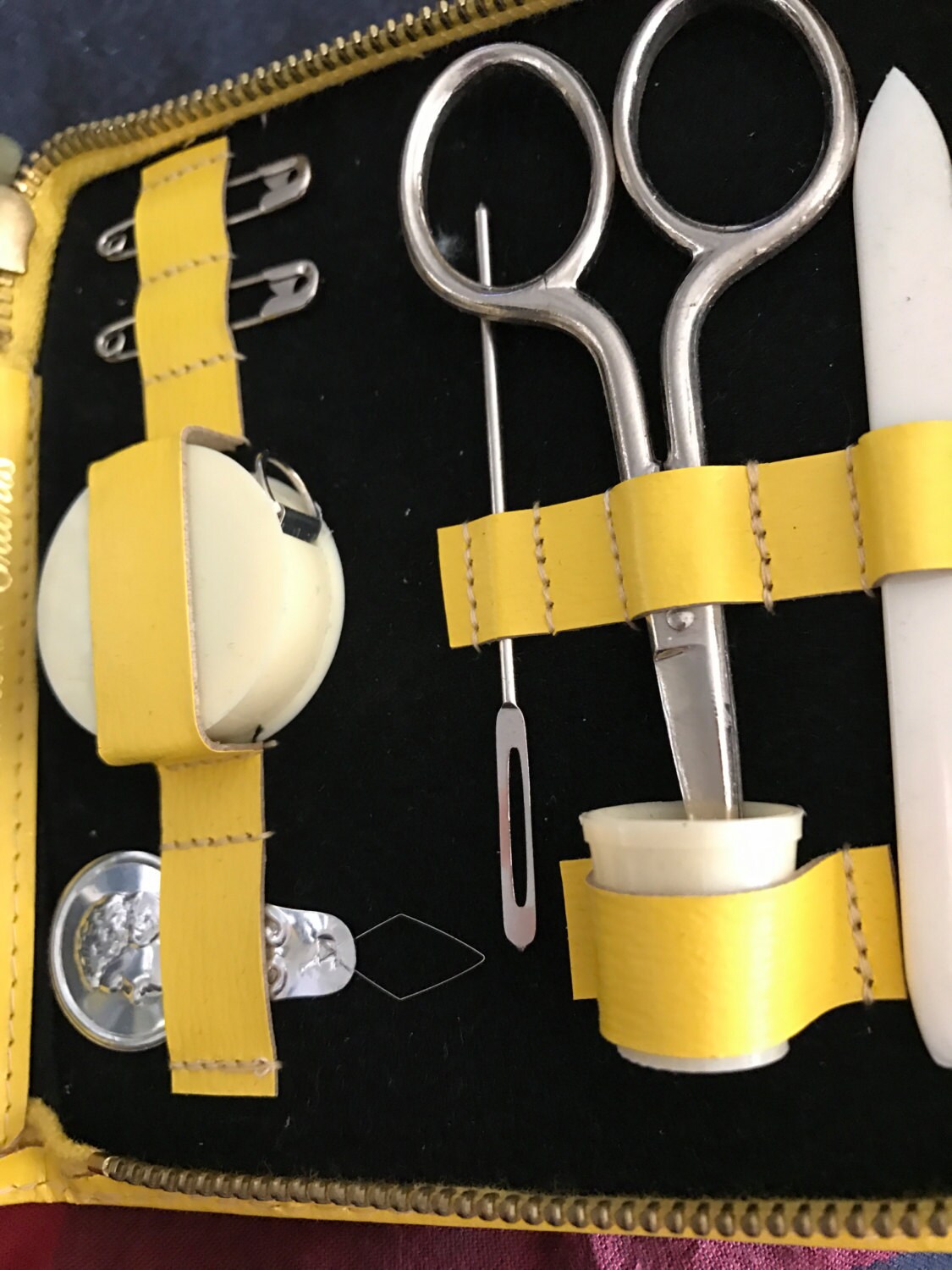 Sewing kit in yellow case. Ground leather case made in Austria for Grants, Vintage Collectible Sewing Notions