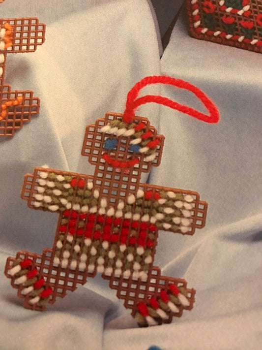 Gingerbread Ornaments and Candy Box for Brown Plastic Canvas Leaflet 22, vintage plastic canvas pattern book*