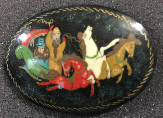 Three horses dashing with a sleigh, Hand Painted, Vintage Collectible Pin, Hand Made in Russia