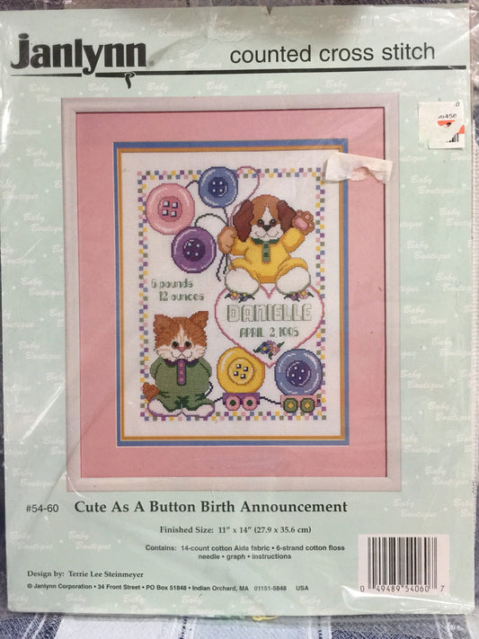 Janlyn, Cute as a button, birth announcement, No 54-60, Vintage, Counted Cross Stitch Kit*