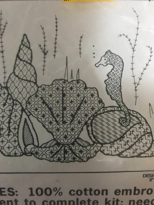 Blackwork Seashells kit no 28, done in olive green, Vintage Embroidery