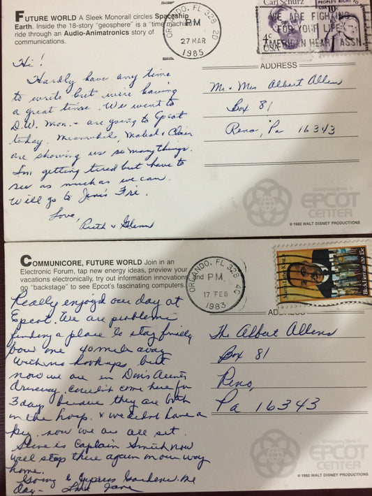 Vintage Collectible two (2) 1980s Walt Disney World Epcot Center used postcards