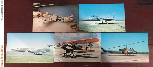 Vintage Collectible set of 5 post cards military aviation F-104C F-15A P-51D Uh-1P P-6E(used)