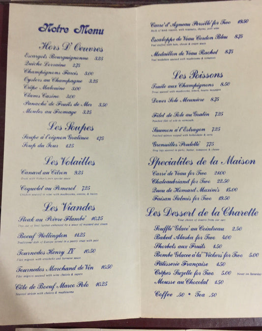 Vintage Collectible menu set from Vickers tavern Lionville, PA Est. 1823 dinner and lunch plus history pamphlet