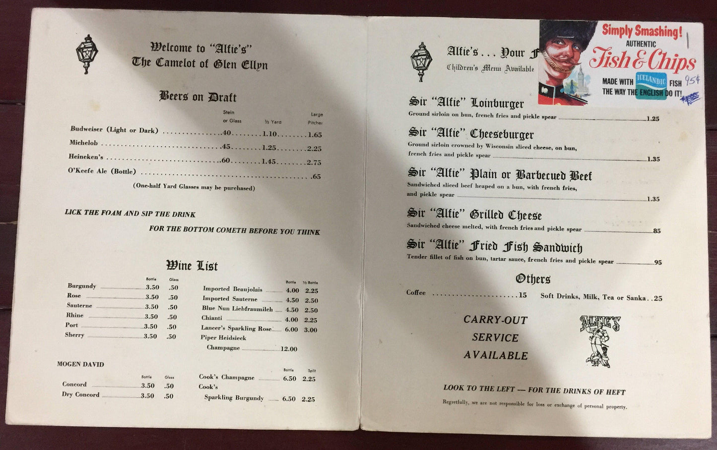 Alfies" The Camelot of Glen Ellyn, Vintage Collectible menu "great decoration for your bar!