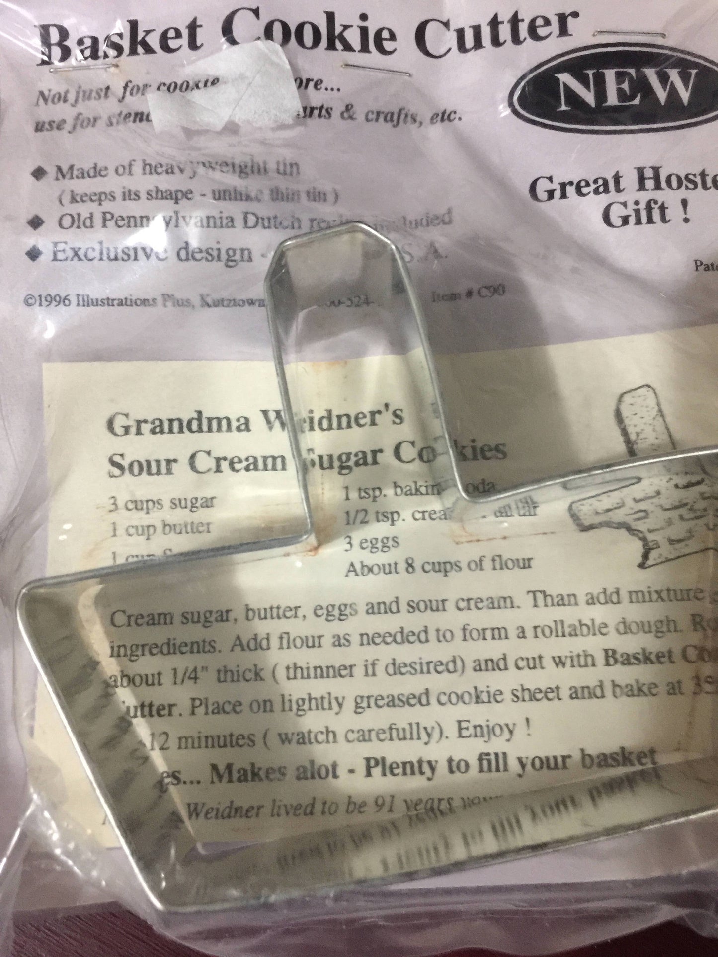 Vintage 1996 Basket cookie Cutter made of heavy tin, with PA Dutch recipe, made by Illustrations Plus Kutztown, PA not just for cookies