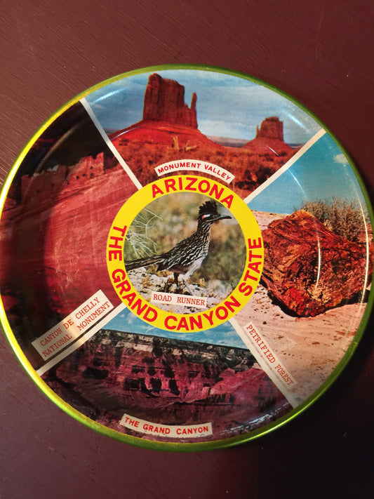 Vintage 1980s Arizona "the Grand Canyon State" depicts a road runner, Canyon De Chelly, Petrified Forest Monument Valley, and Grand Canyon