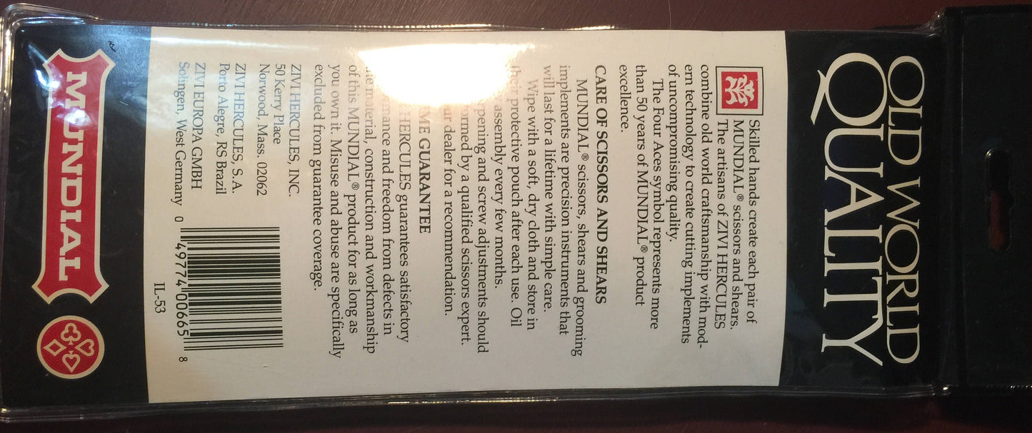 Vintage 1990s Mundial pinking shears 71/2' 665 Oid World Quality life time guarantee Zivi Hercules Inc.