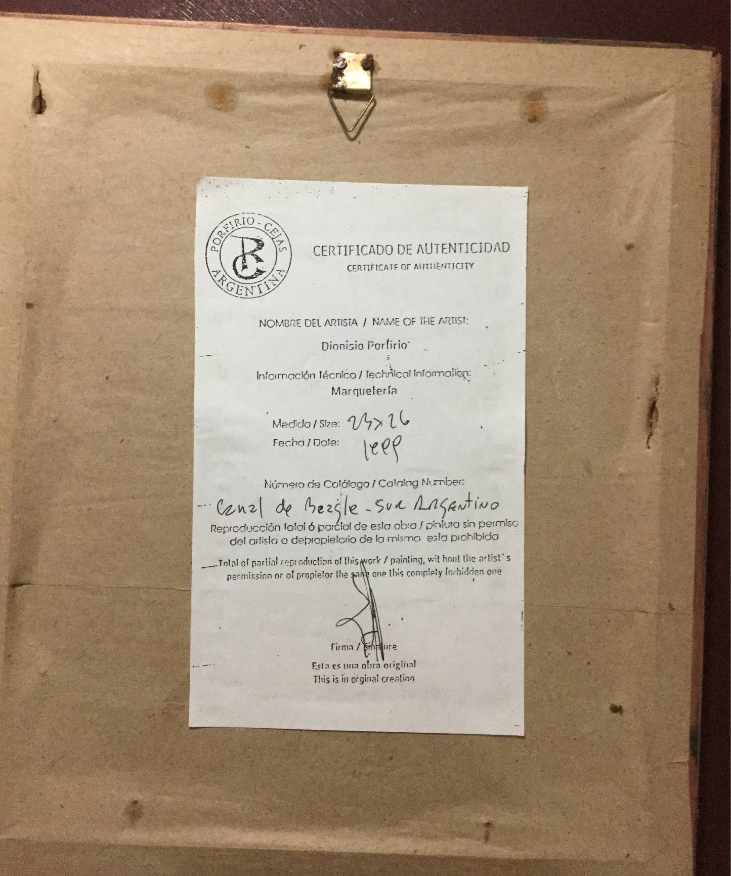 Wood inlay "Canal de Bezgle - Sur Argentino Vintage signed artwork by Dionisio Porlirio, Argentina with certificate of authenticity on back