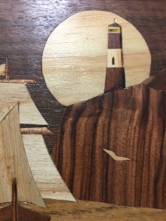 Wood inlay "Canal de Bezgle - Sur Argentino Vintage signed artwork by Dionisio Porlirio, Argentina with certificate of authenticity on back