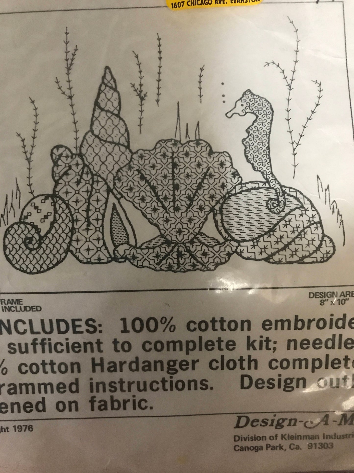 Blackwork Seashells kit no 28, done in olive green, Vintage Embroidery