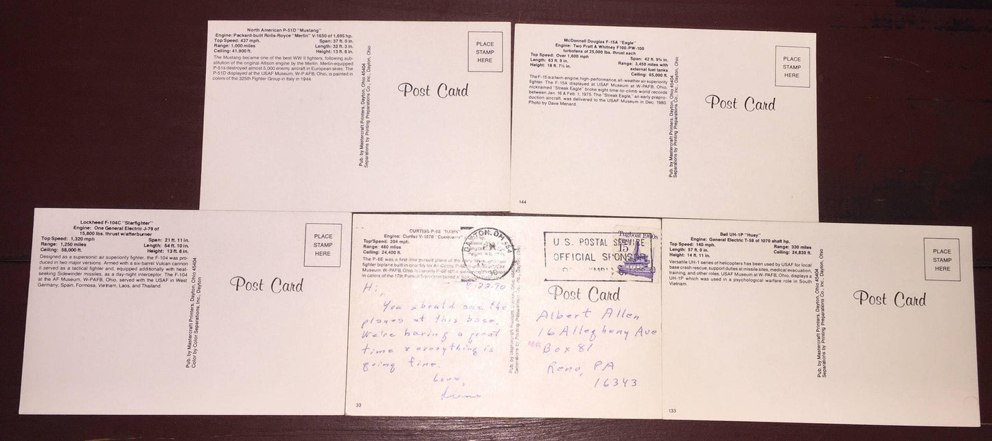 Vintage Collectible set of 5 post cards military aviation F-104C F-15A P-51D Uh-1P P-6E(used)