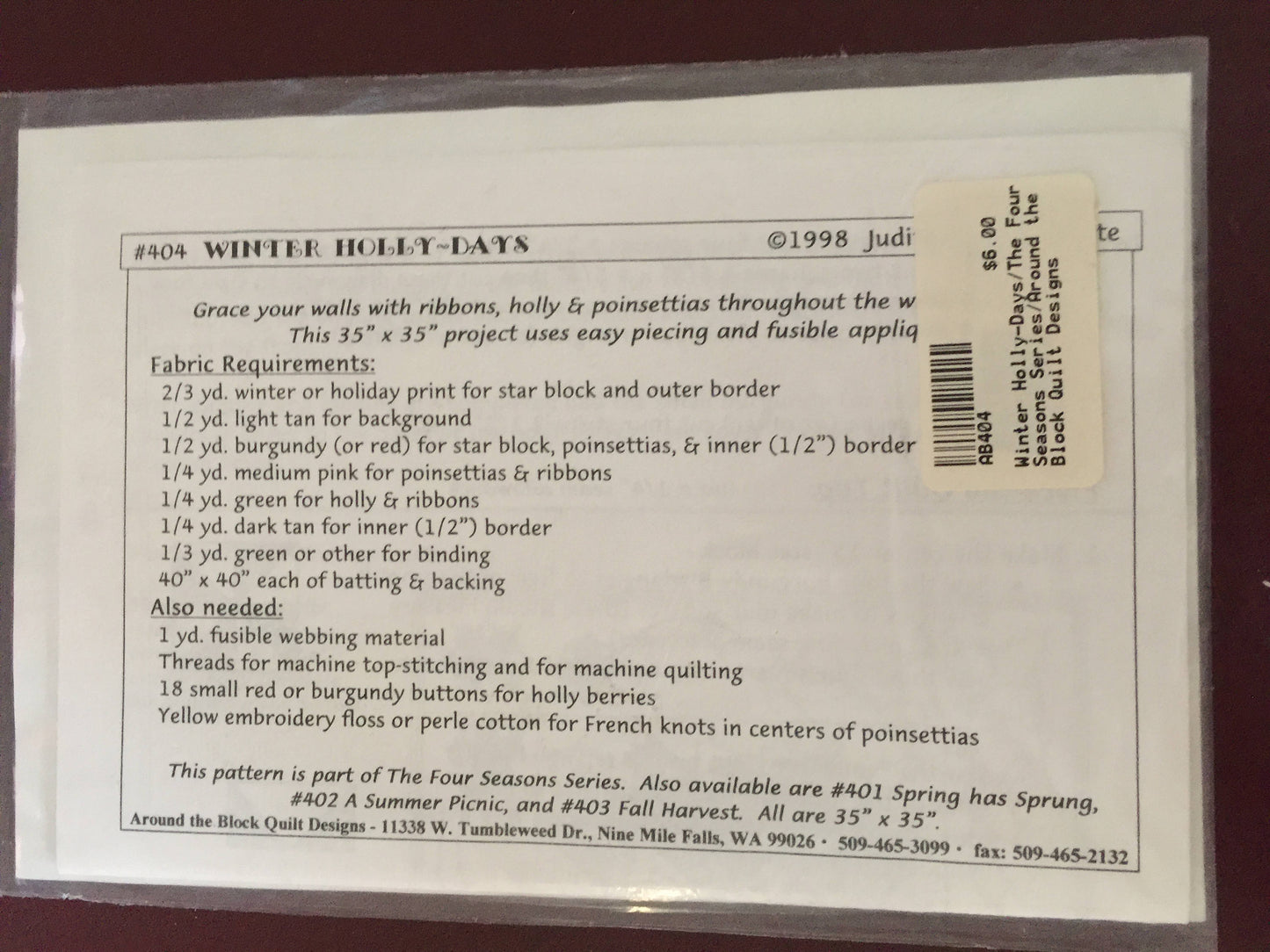 The Four Seasons Series "Winter holly-Days" Easy piecing, fusible applique' design by Judith Hughes Marte
