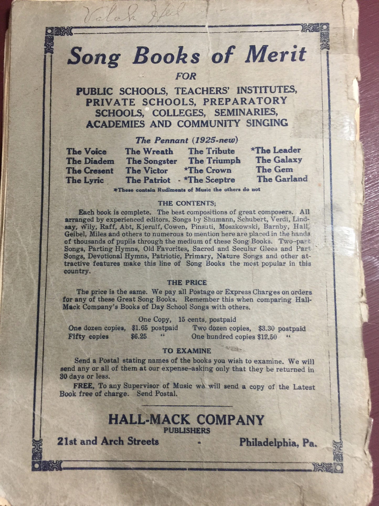 The Pennant Songs For Institutes, Vintage Collectible 1925, Schools Colleges Et. Etc. By J. W. Yoder Hall Mack Co. Philadelphia