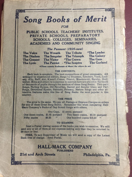 The Pennant Songs For Institutes, Vintage Collectible 1925, Schools Colleges Et. Etc. By J. W. Yoder Hall Mack Co. Philadelphia