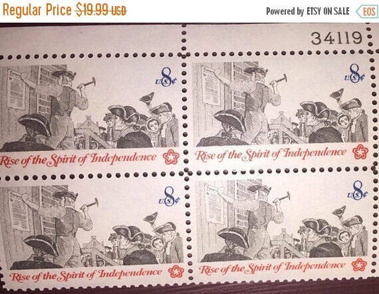 Rise Of The Spirit Of Independence, Paul Revere 34119, Vintage Collectible 4 Mint US Block 8 Cent Stamps