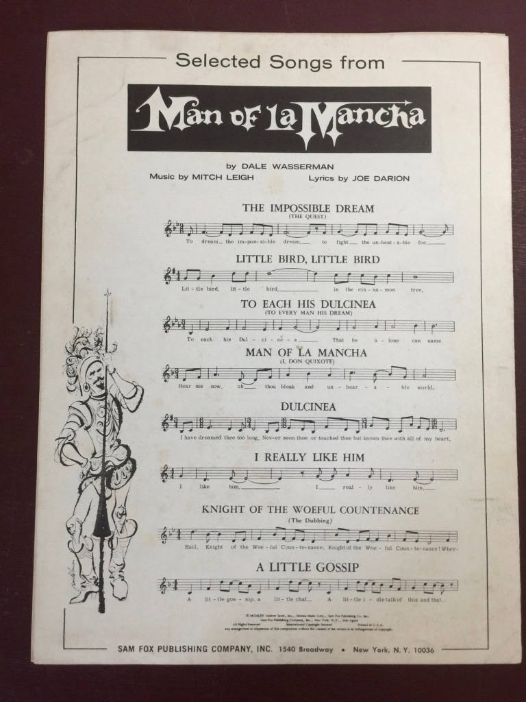 Vintage, 1965, "The Impossible Dream" (The Quest), from Man of LaMancha, Sheet Music, Lyrics, Joe Darion Music, Mitch Leigh Sam Fox Pub.