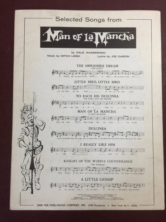 Vintage, 1965, "The Impossible Dream" (The Quest), from Man of LaMancha, Sheet Music, Lyrics, Joe Darion Music, Mitch Leigh Sam Fox Pub.