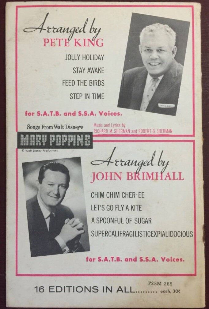 Vintage, 1965, Songs from Walt Disney's Mary Poppins Sheet Music, S.S.A Choral Album Music and Lyrics by Richard Sherman and Robert Sherman*