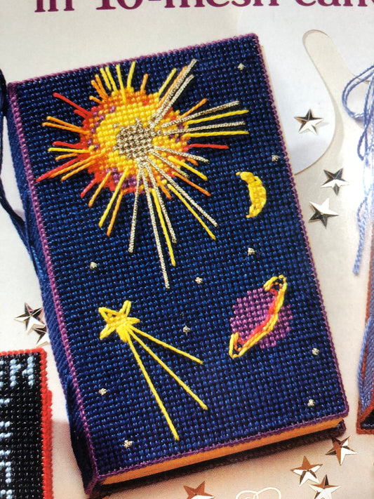 Vintage 1994 Plastic Canvas Book Covers in 10-mesh canvas by Diane Davis and Kathy Wirth American School of Needlework 3148 pattern book