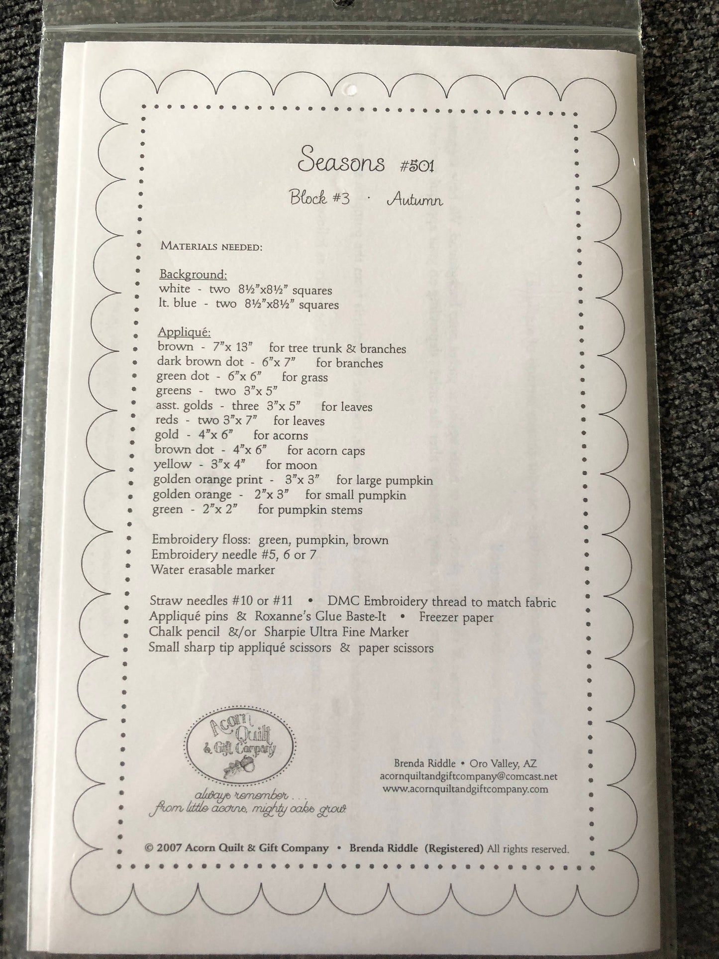 Acorn Quilt & Gift Company Seasons Block # 3 Autumn Quilt Pattern