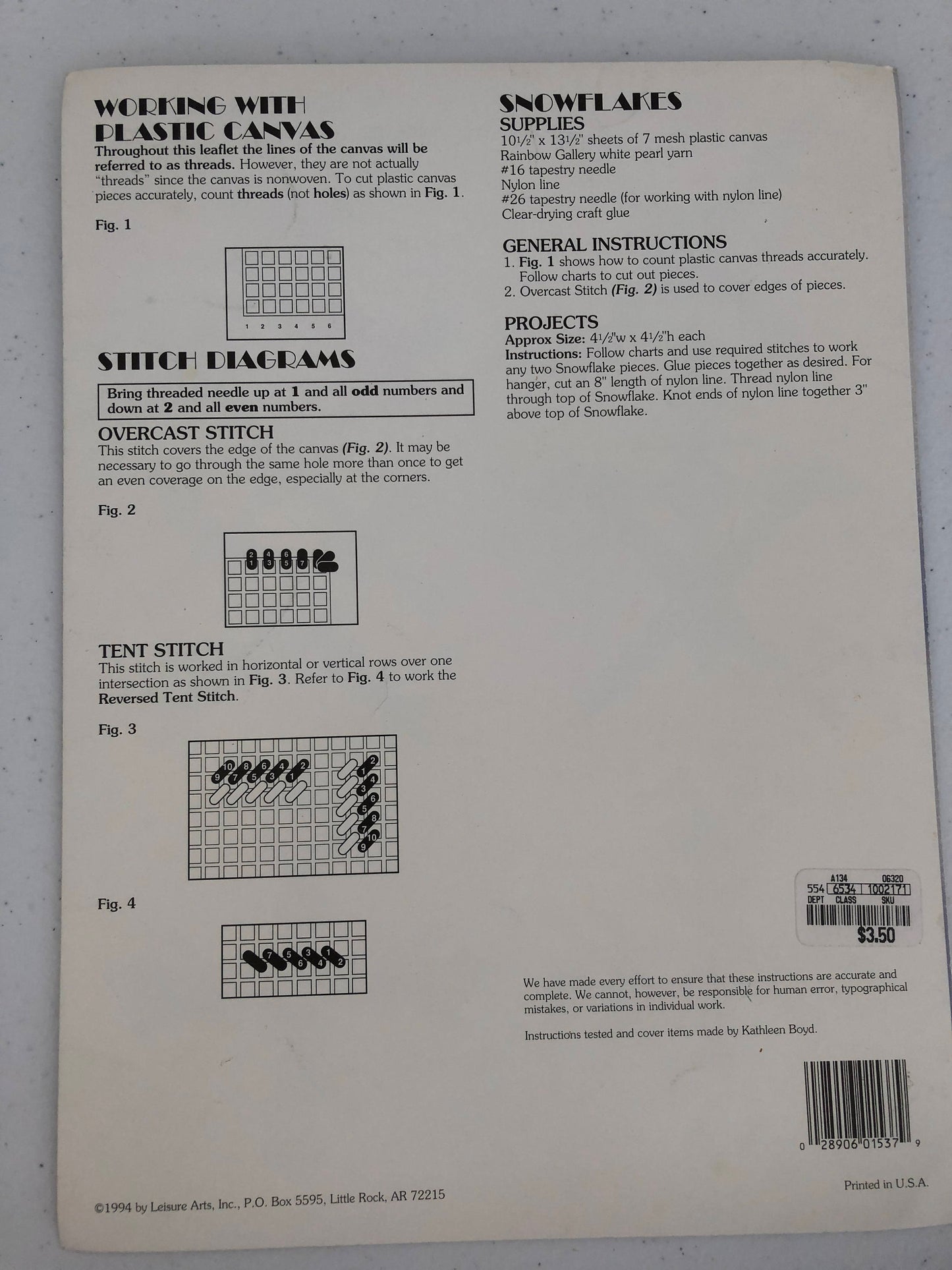 Vintage 1994, Leisure Arts, Snowflakes in Plastic Canvas, by Joan Green, Create Your Own Snowflakes Leaflet 1537