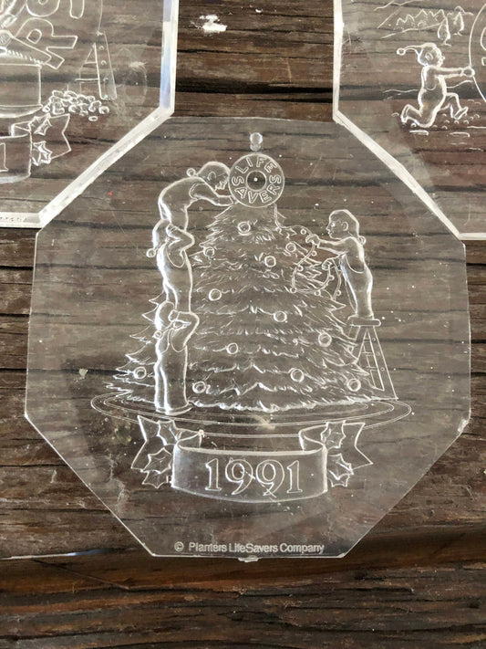 Life Savers, Set of Three, Vintage, 1991, Advertising Memorabilia, Ornament, Clear Acrylic, 3.25 inch, 8-sided