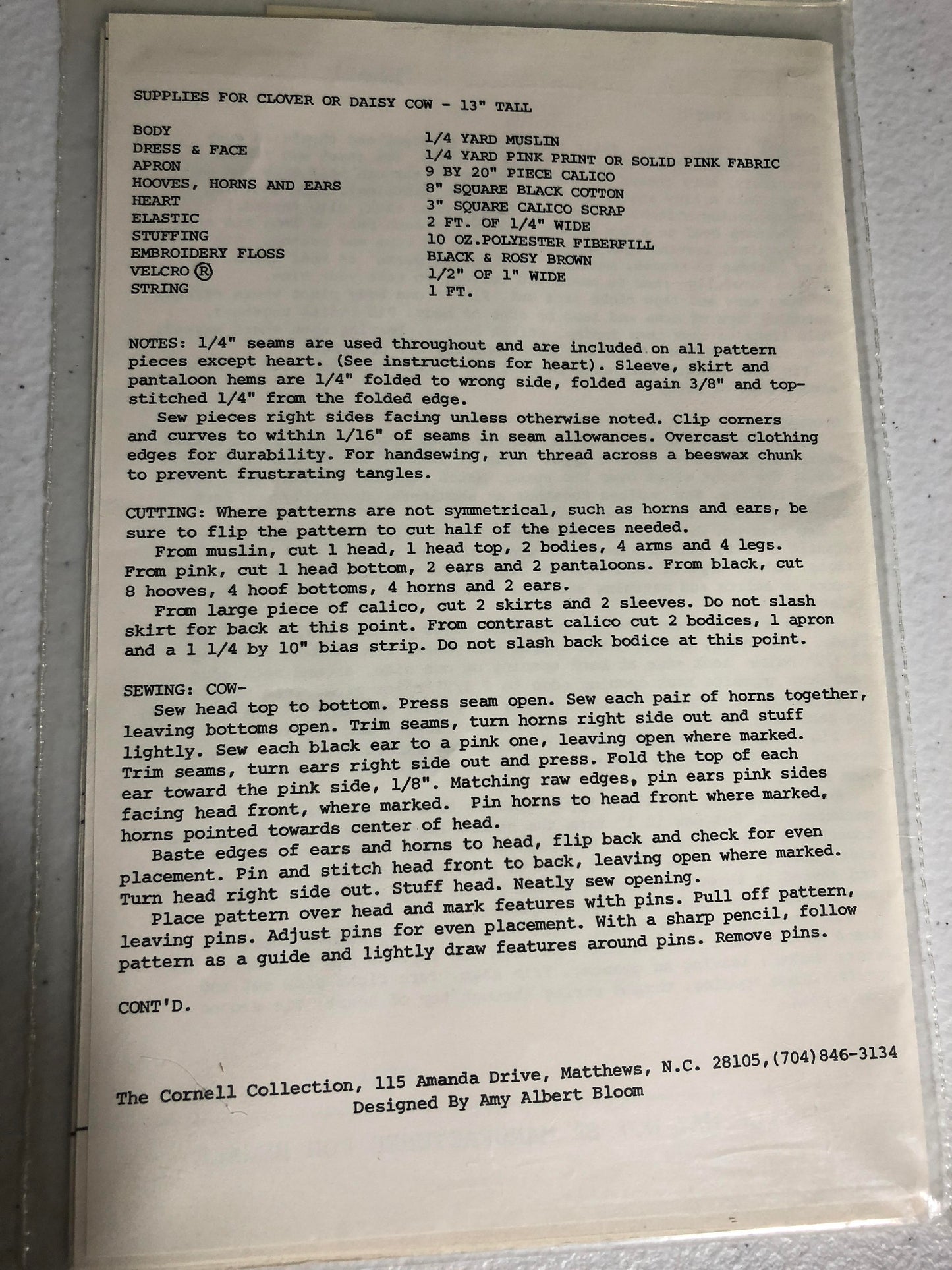 The Cornell Collection, Clover and Daisy Cow, 13 Inch tall, Vintage 1989, Stuffed Animal Sewing Pattern NB-103 Very Hard To Find