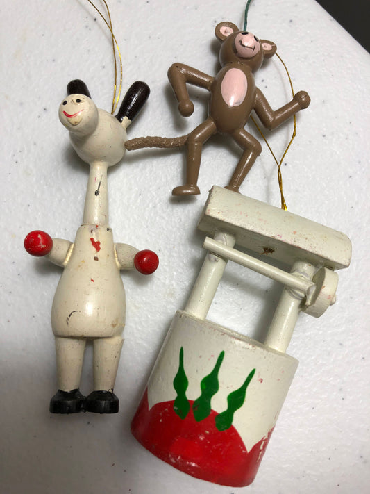 Wooden Ornaments Vintage Set of Three Monkey, Wishing Well, Horse