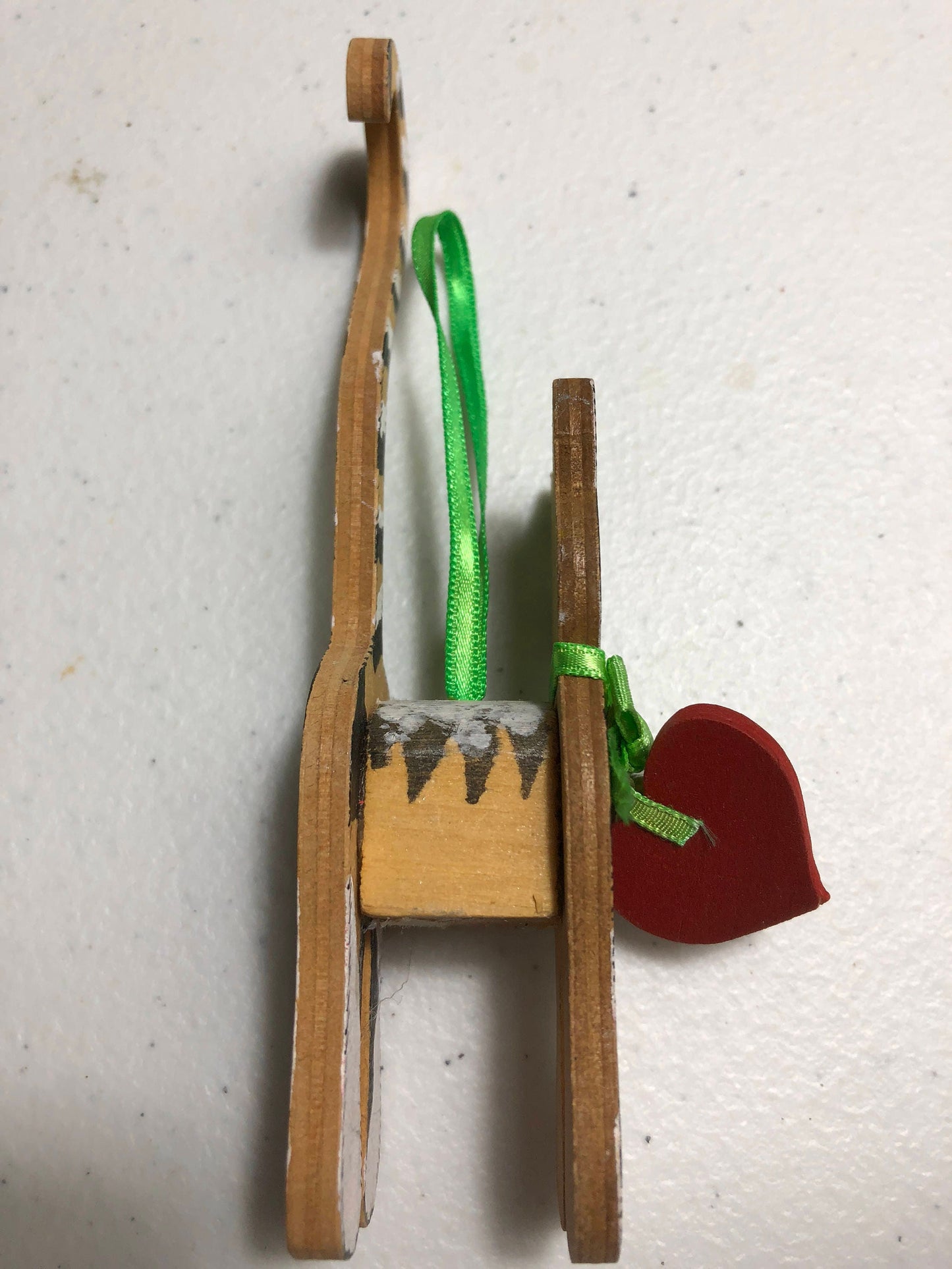 Wooden Kitten wearing a Heart and a Bell Ornament Vintage Ornament/Figurine