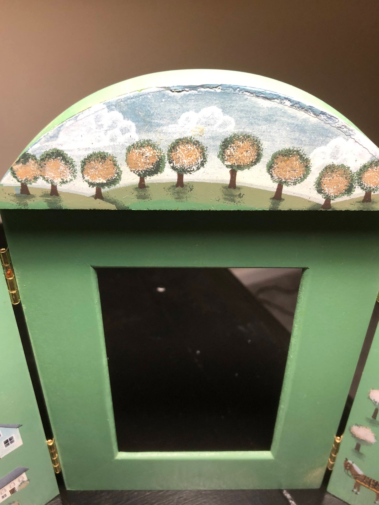 Little Town Buildings Vintage 1998 Fold Over Frame Painted Wood, Frame 3.5 by 5 inch Display Area