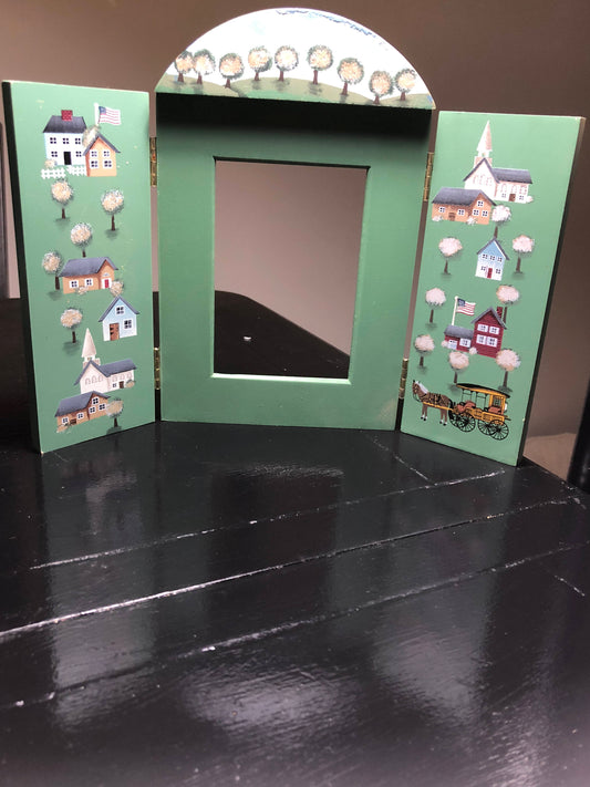 Little Town Buildings Vintage 1998 Fold Over Frame Painted Wood, Frame 3.5 by 5 inch Display Area