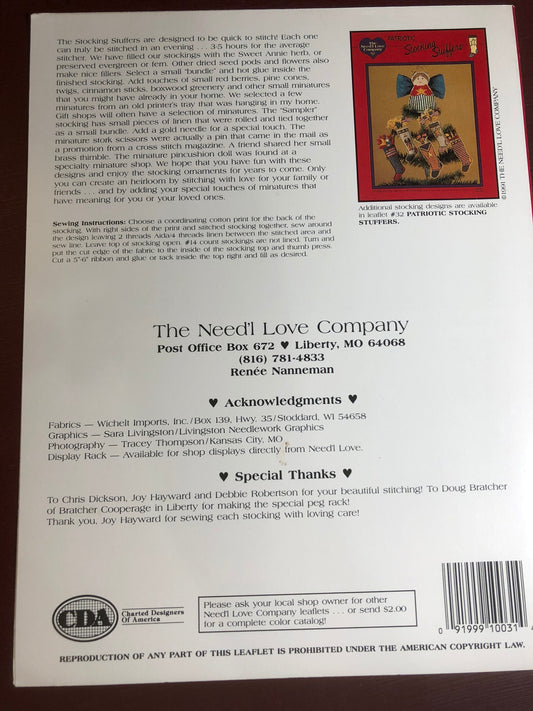 The Need'l Love Company, Joyful, Stocking Stuffers ,Renee Nannerman, Vintage 1991, Counted, Cross Stitch Pattern